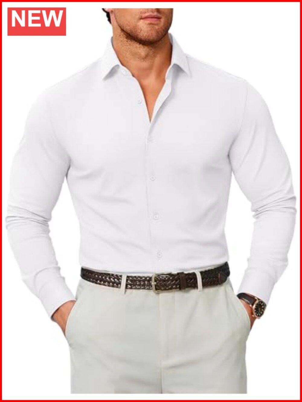 Men's Stretch Wrinkle-Free Long Sleeve Button Down Dress Shirt Muscle Fit